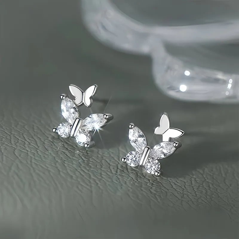 FR S925 Silver With Zircon Stud Earrings Women's-2