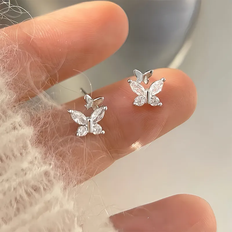 FR S925 Silver With Zircon Stud Earrings Women's-3
