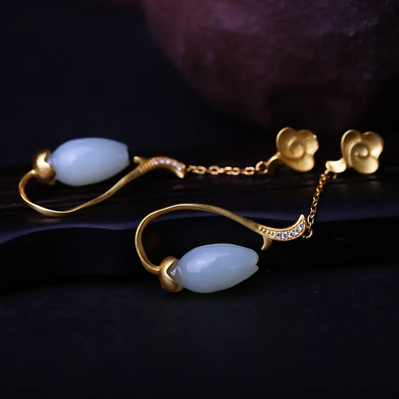 YUSHE Hetian Jade Earrings White Jade Women's-4