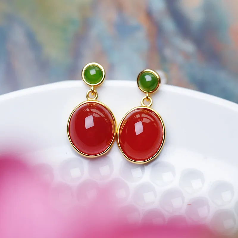 YUSHE Southern Red Agate Jade Earrings Women's-3