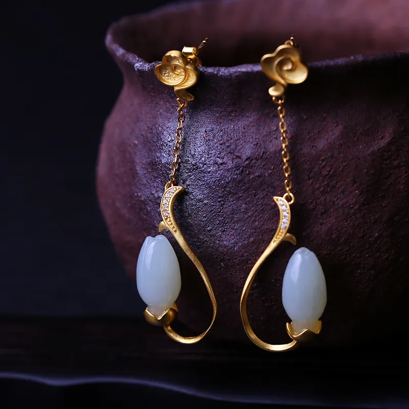 YUSHE Hetian Jade Earrings White Jade Women's-1