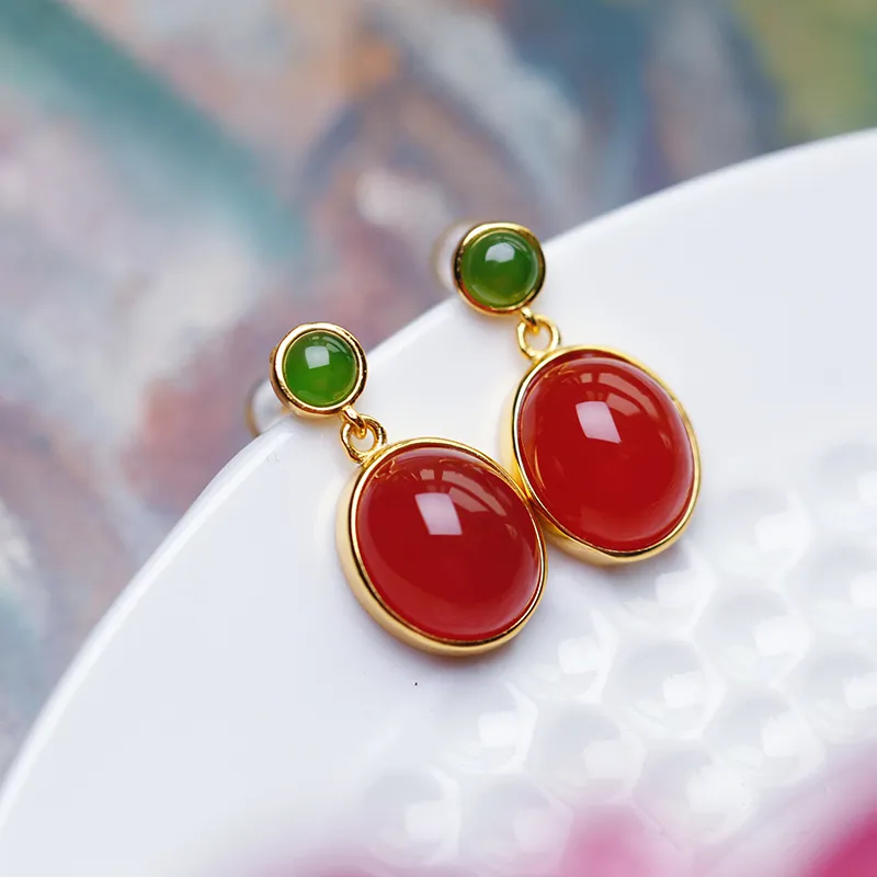 YUSHE Southern Red Agate Jade Earrings Women's-6