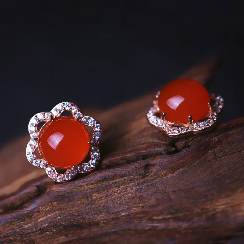 YUSHE Baoshan Southern Red Agate Stud Earrings Women's-4