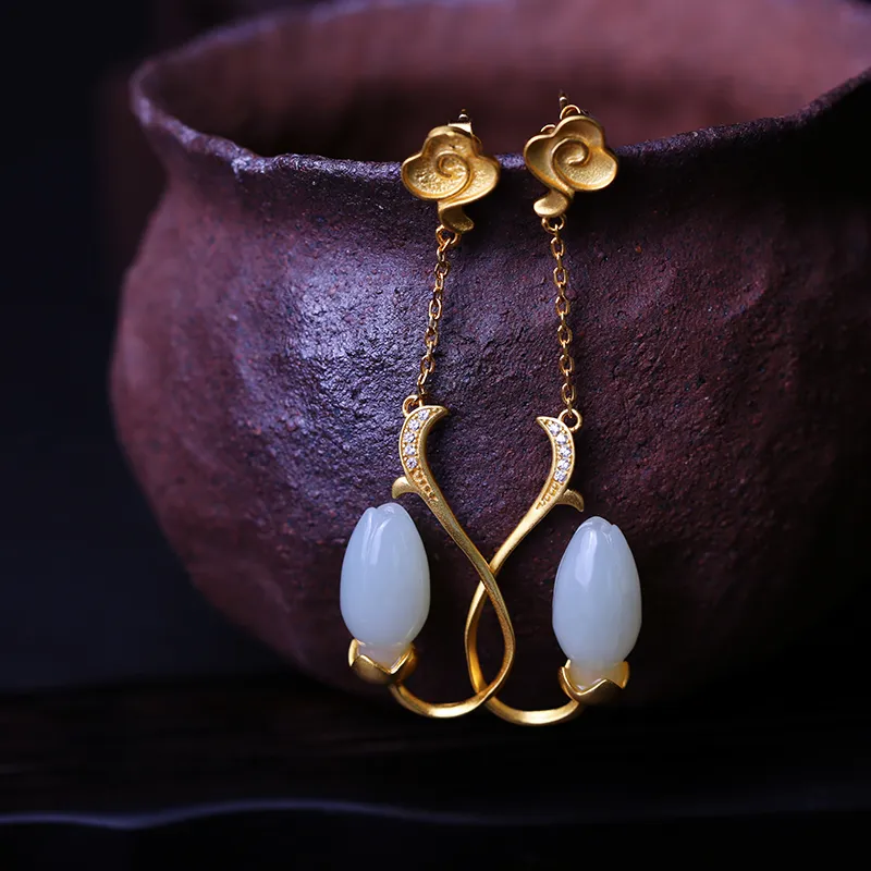 YUSHE Hetian Jade Earrings White Jade Women's-3