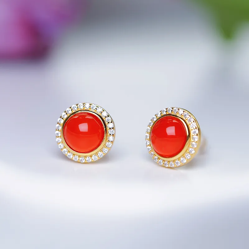 YUSHE Southern Red Agate Stud Earrings Women's-3