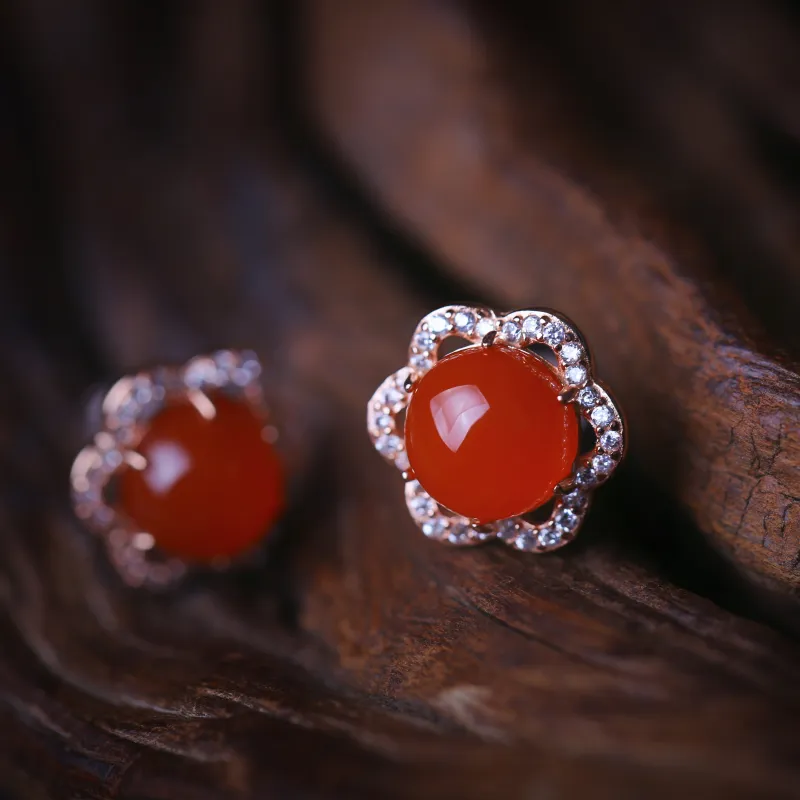 YUSHE Baoshan Southern Red Agate Stud Earrings Women's-6