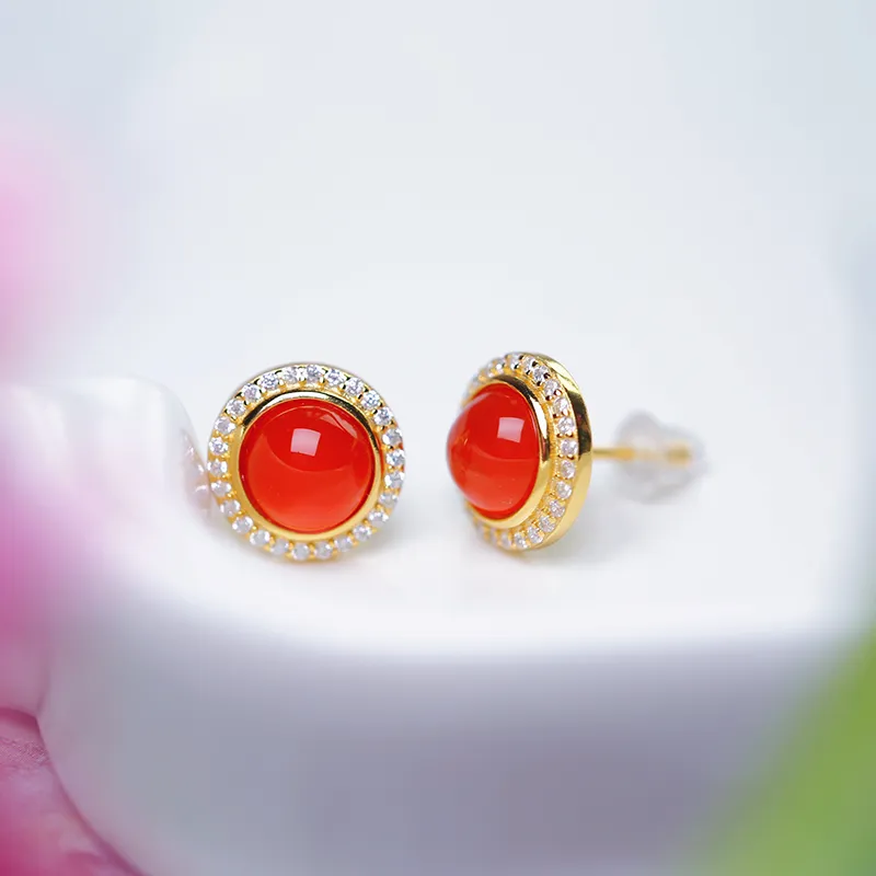 YUSHE Southern Red Agate Stud Earrings Women's-1