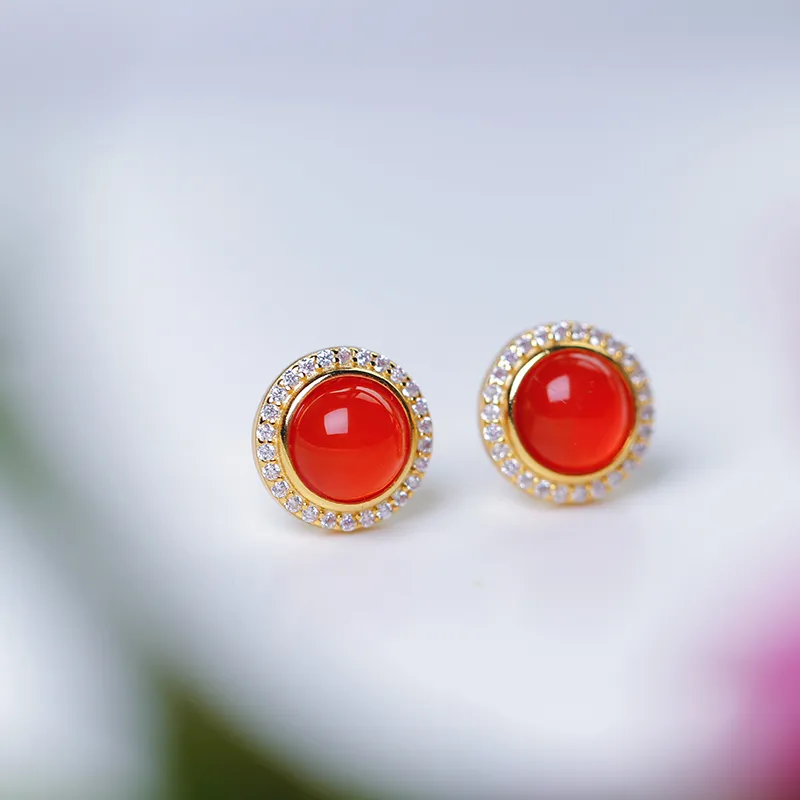 YUSHE Southern Red Agate Stud Earrings Women's-5