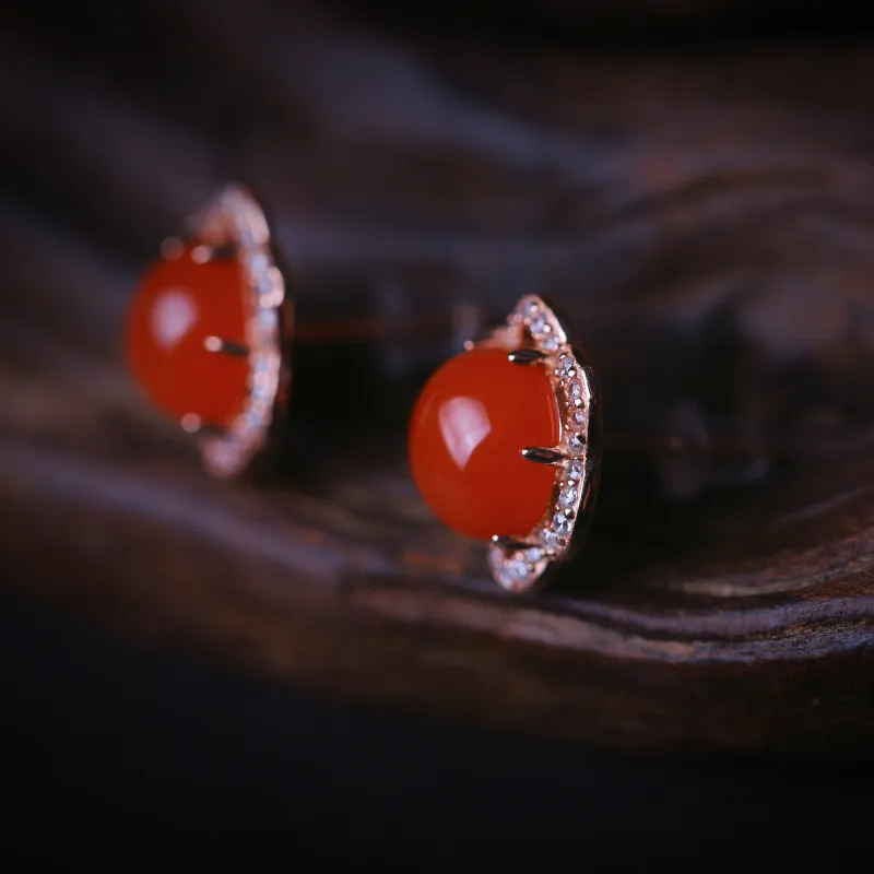 YUSHE Baoshan Southern Red Agate Stud Earrings Women's-5