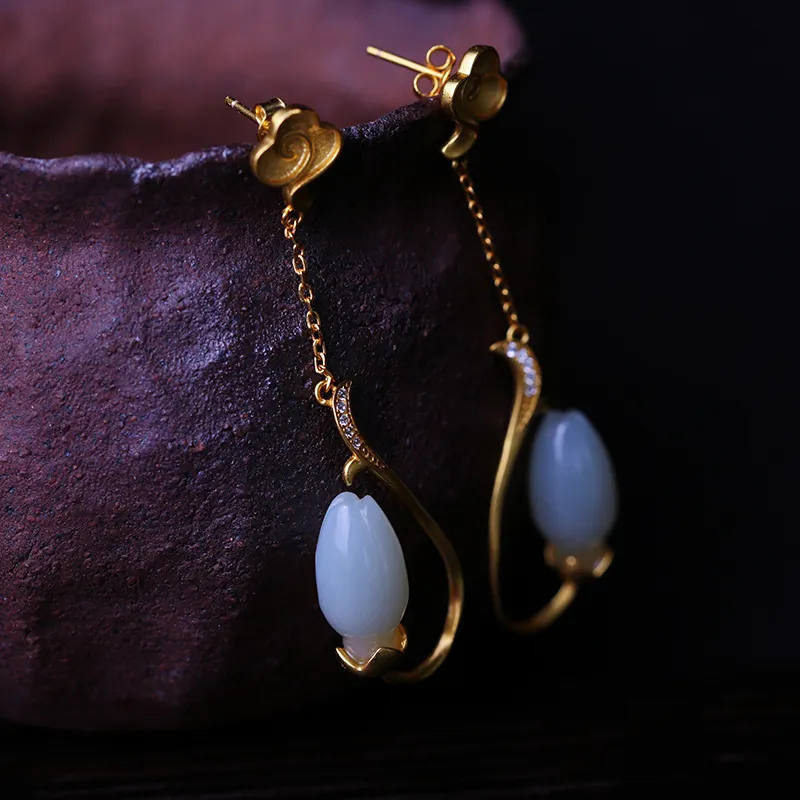 YUSHE Hetian Jade Earrings White Jade Women's-2