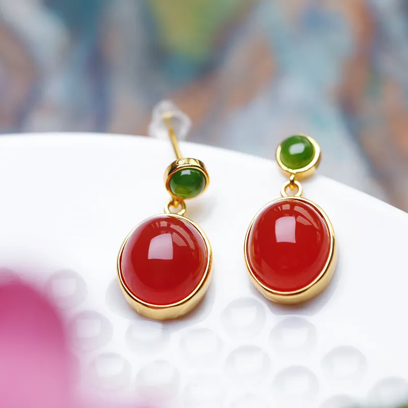 YUSHE Southern Red Agate Jade Earrings Women's-7
