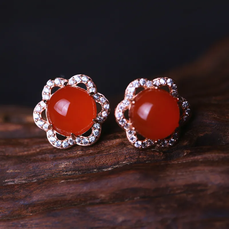 YUSHE Baoshan Southern Red Agate Stud Earrings Women's-3