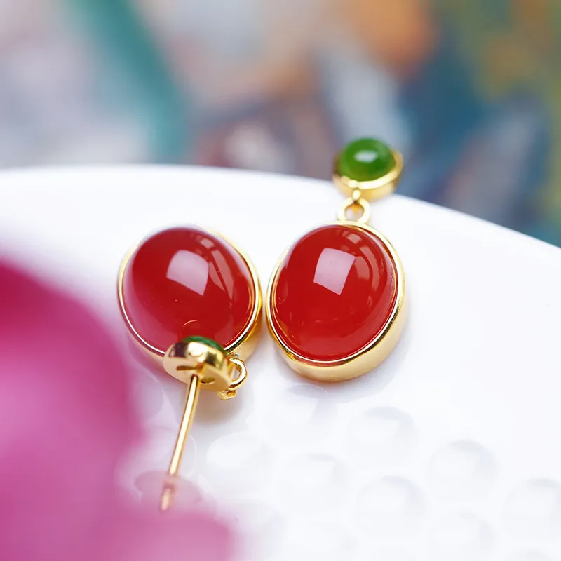 YUSHE Southern Red Agate Jade Earrings Women's-4