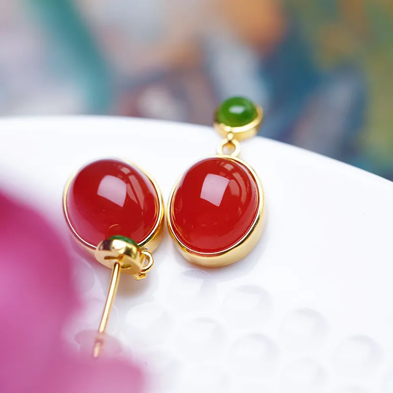 YUSHE Southern Red Agate Jade Earrings Women's-5