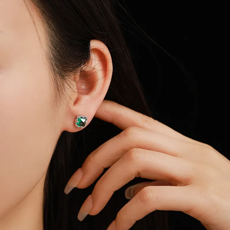 ATTAGEMS 925 Sterling Silver Artificial Gemstone Stud Earrings Women's Green-3