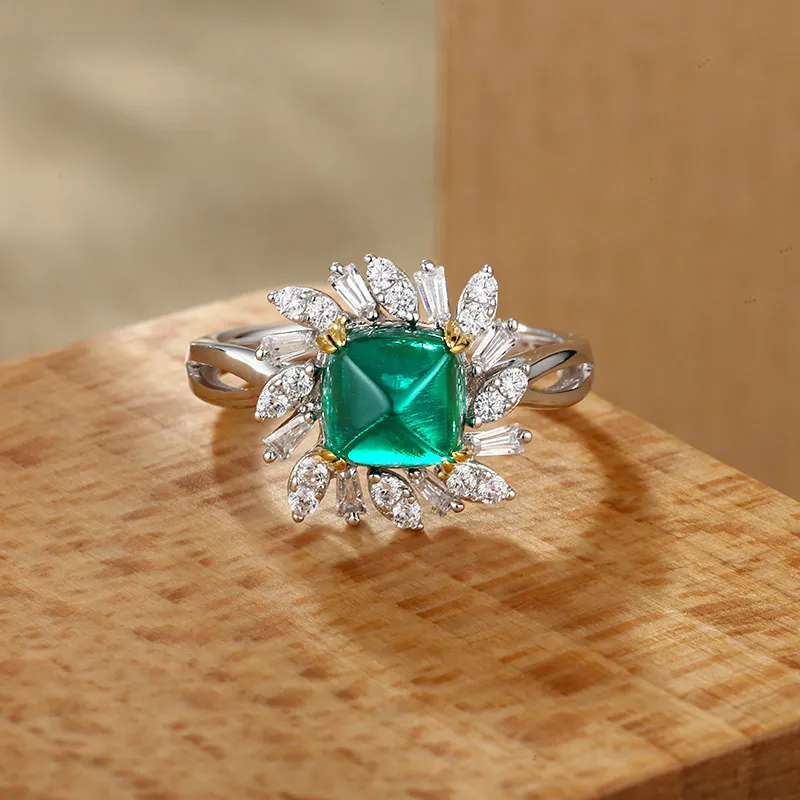 ATTAGEMS 925 Sterling Silver Artificial Gemstone Rings Women's Green-6