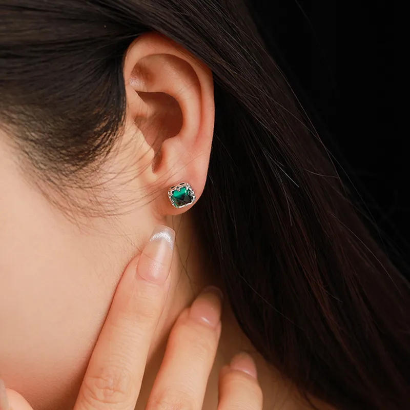ATTAGEMS 925 Sterling Silver Artificial Gemstone Stud Earrings Women's Green-2