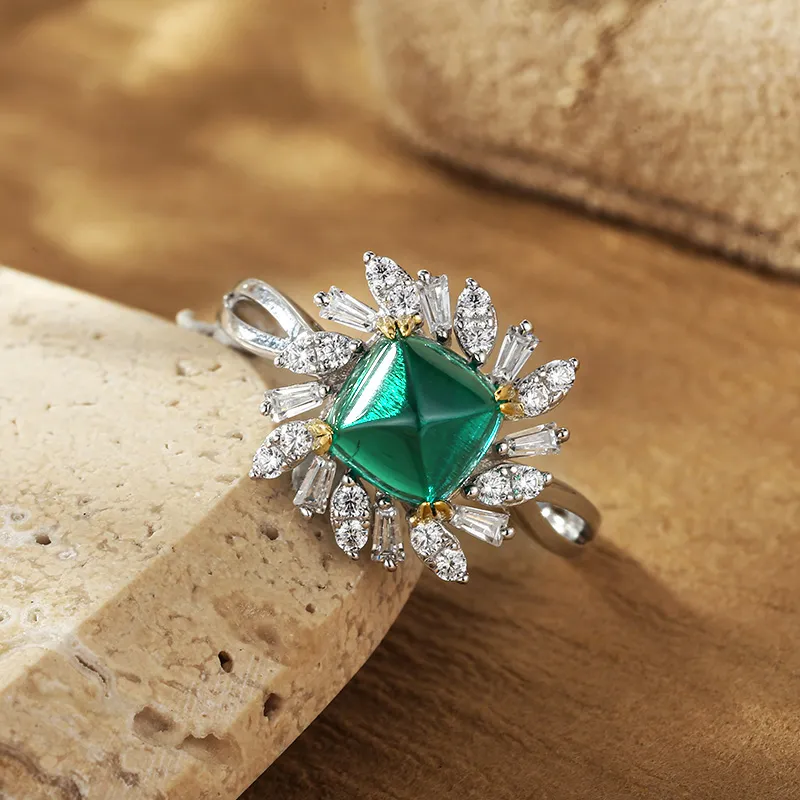ATTAGEMS 925 Sterling Silver Artificial Gemstone Rings Women's Green-5