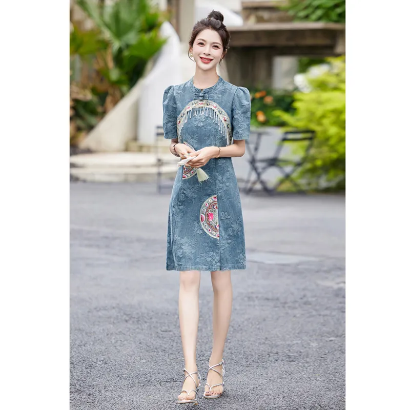 TEME New Chinese Style Embroidery Jacquard Short Sleeved Dress Women's-4