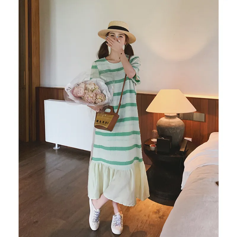 TEME Short Sleeved Dress Women's Green Stripes-1