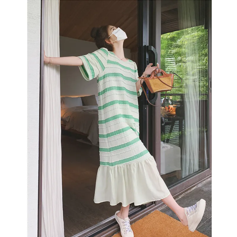 TEME Short Sleeved Dress Women's Green Stripes-3