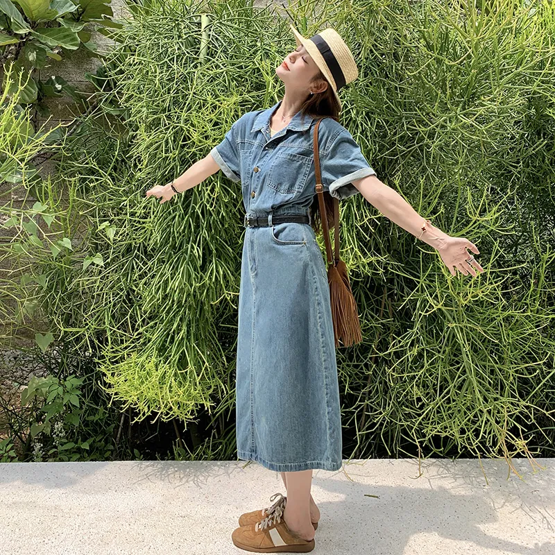 TEME Short Sleeved Dress Women's Vintage Denim Blue-1