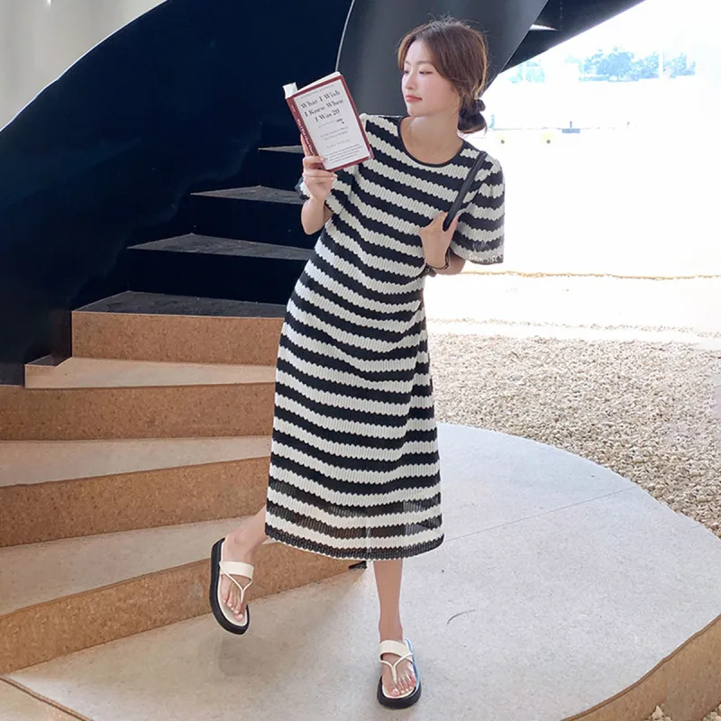 TEME Short Sleeved Dress Women's Gauze Stripes-4