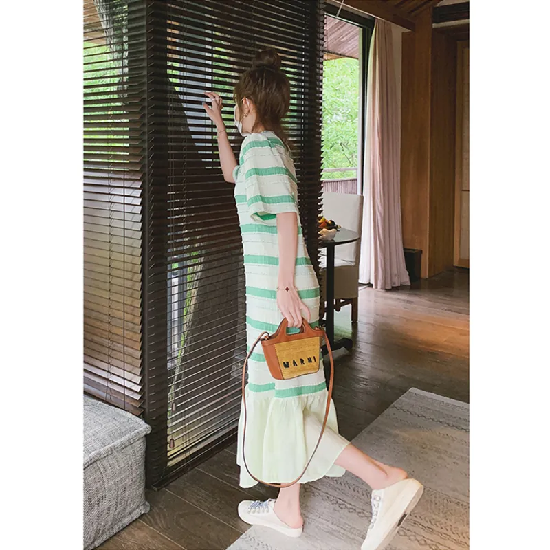 TEME Short Sleeved Dress Women's Green Stripes-2