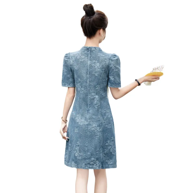 TEME New Chinese Style Embroidery Jacquard Short Sleeved Dress Women's-1