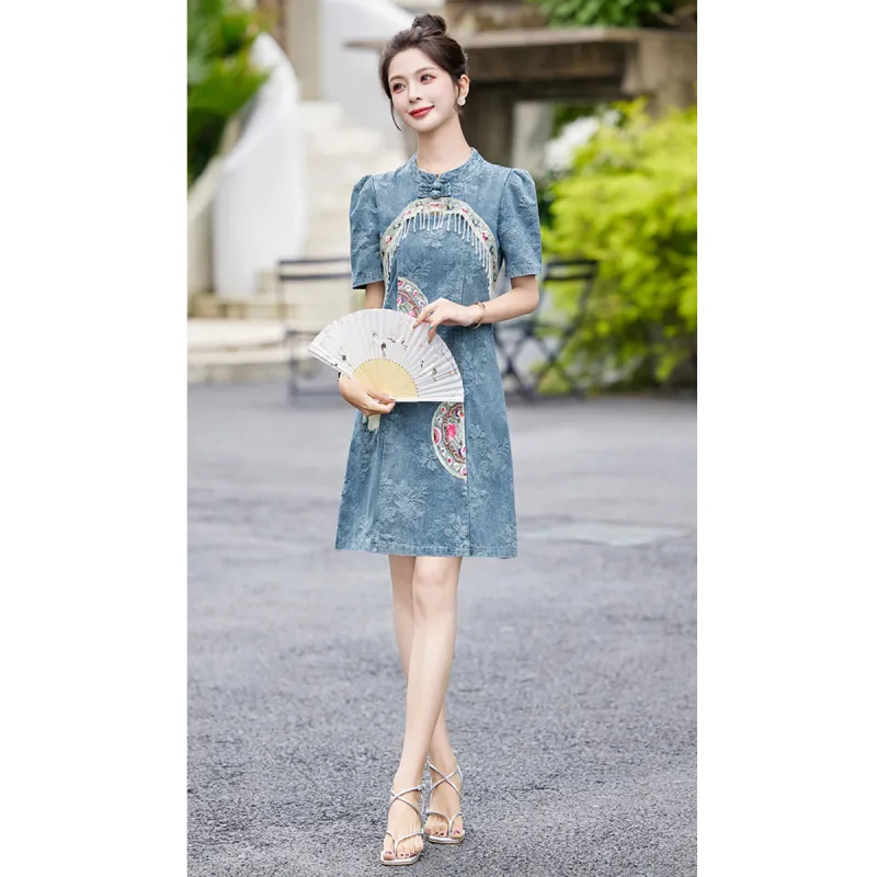 TEME New Chinese Style Embroidery Jacquard Short Sleeved Dress Women's-3
