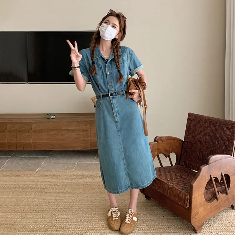 TEME Short Sleeved Dress Women's Vintage Denim Blue-4