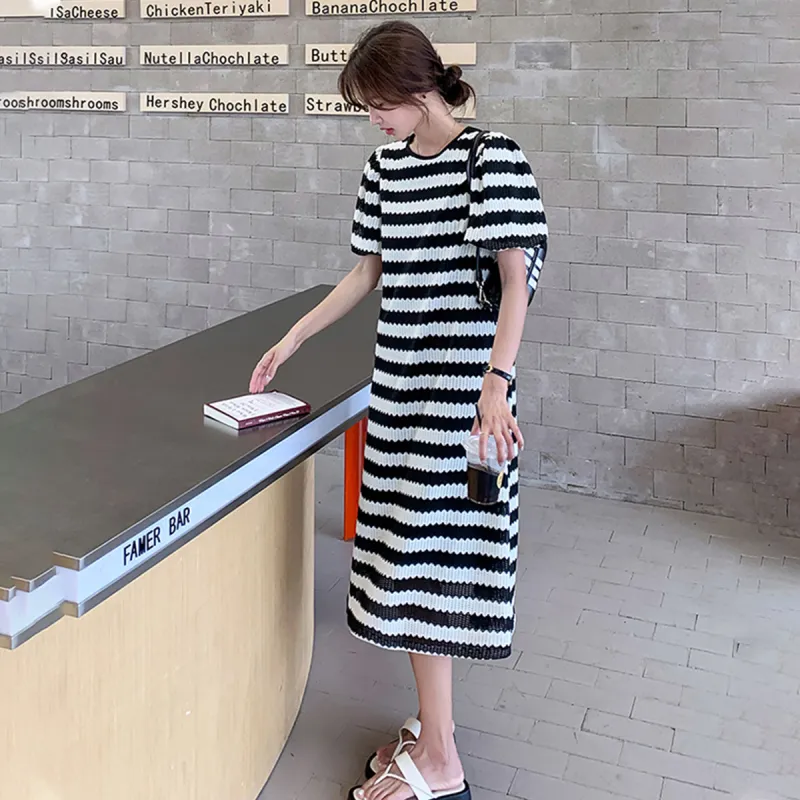 TEME Short Sleeved Dress Women's Gauze Stripes-1