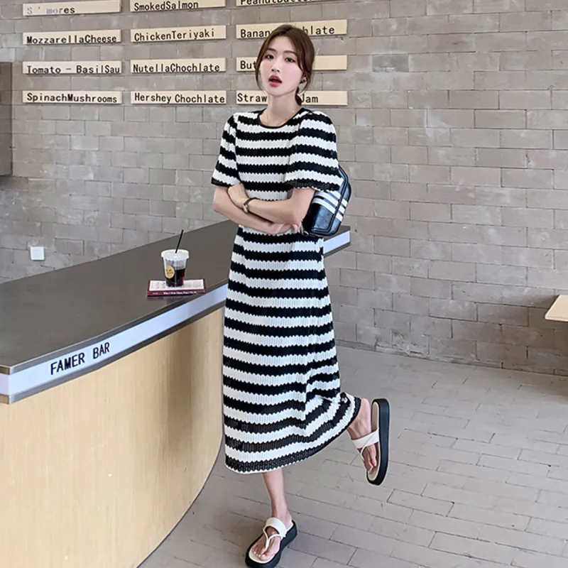 TEME Short Sleeved Dress Women's Gauze Stripes-3