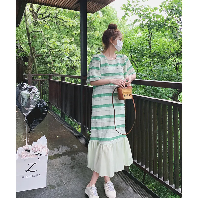 TEME Short Sleeved Dress Women's Green Stripes-5