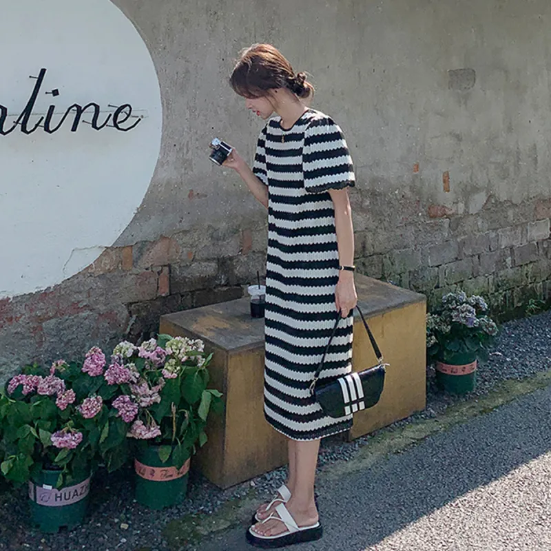 TEME Short Sleeved Dress Women's Gauze Stripes-2