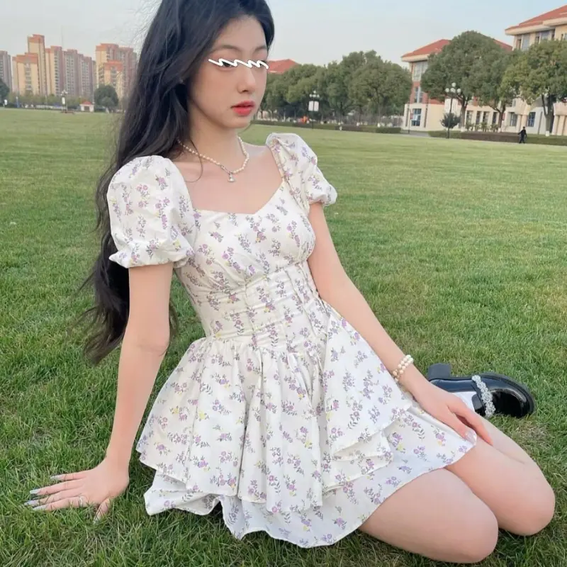 CANTALOVE Short Sleeved Dress Women's White Floral-2