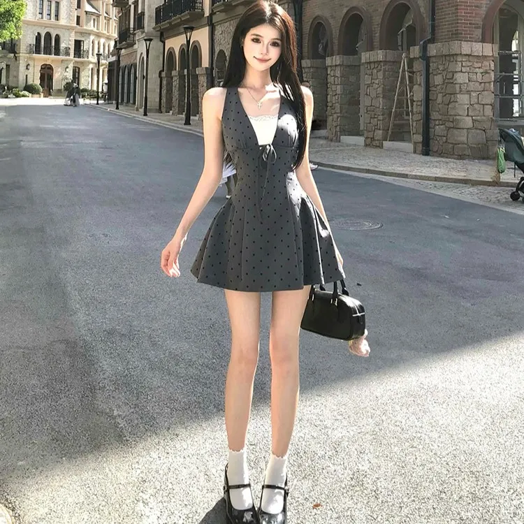 CANTALOVE Slip Dresses Women's Gray Polka Dot-2