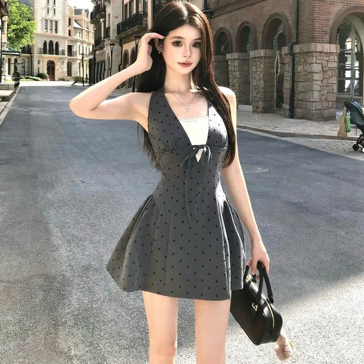 CANTALOVE Slip Dresses Women's Gray Polka Dot-4