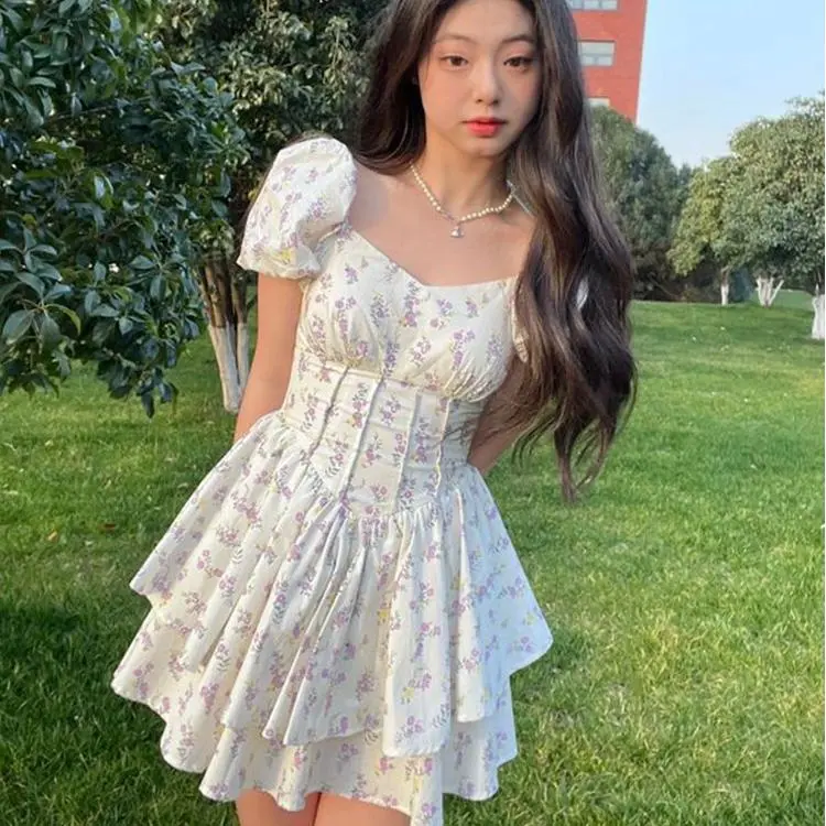 CANTALOVE Short Sleeved Dress Women's White Floral-5