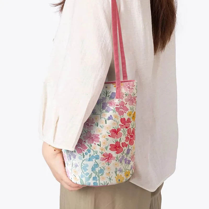 AOSONG Suede Tech Fabric Shoulder Bag Regular Women's Soft Pink Floral Pattern-1
