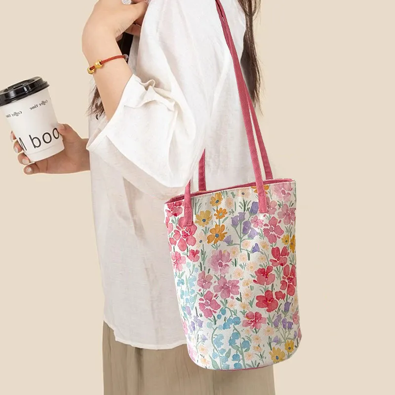 AOSONG Suede Tech Fabric Shoulder Bag Regular Women's Soft Pink Floral Pattern-9