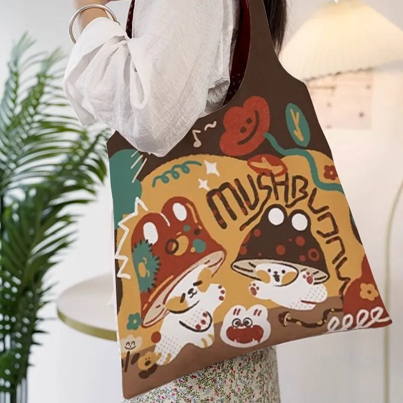 AOSONG Suede Tech Fabric One Shoulder Handbags Regular Unisex Mushroom Rabbit Monk Bag-4