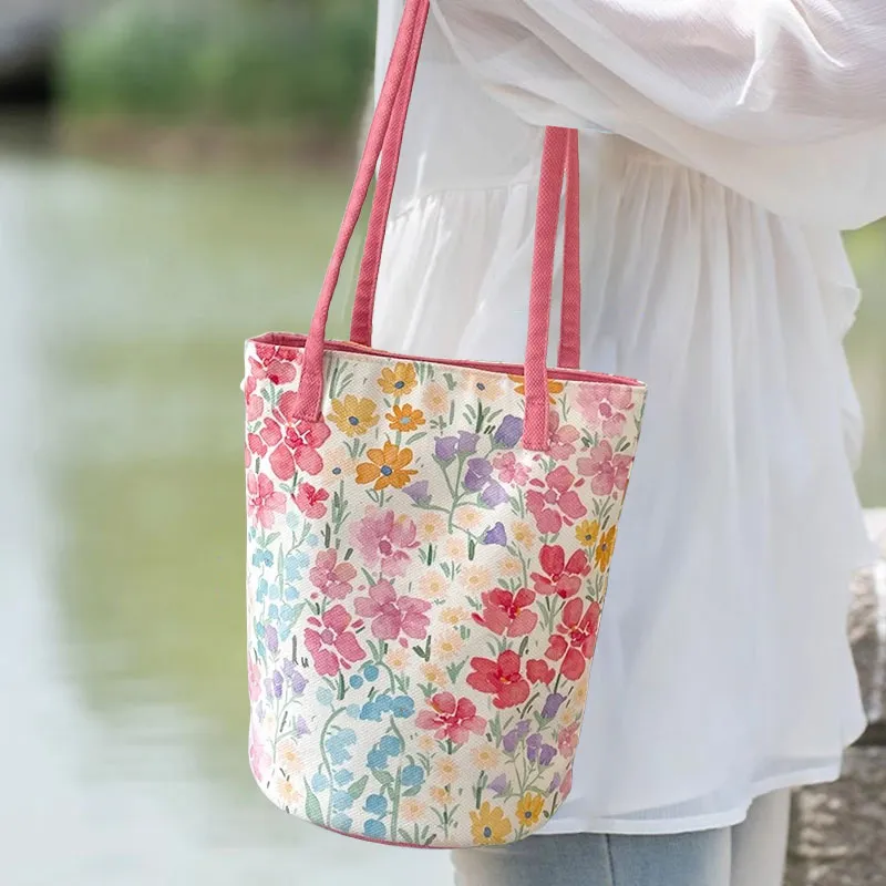 AOSONG Suede Tech Fabric Shoulder Bag Regular Women's Soft Pink Floral Pattern-3