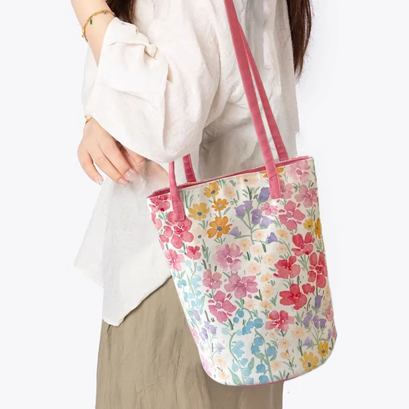 AOSONG Suede Tech Fabric Shoulder Bag Regular Women's Soft Pink Floral Pattern-7