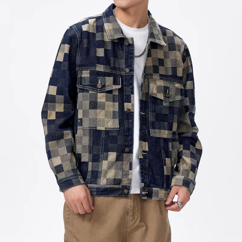 SANTASTIC Denim Jacket Men's Fashion Plaid Blue-3
