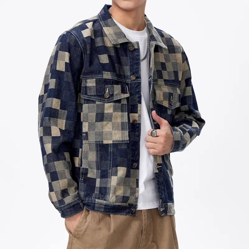 SANTASTIC Denim Jacket Men's Fashion Plaid Blue-6