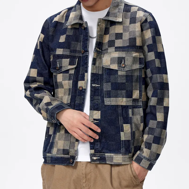SANTASTIC Denim Jacket Men's Fashion Plaid Blue-4