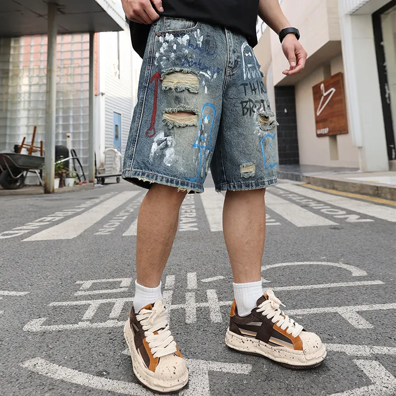 SANTASTIC Denim Shorts Unisex Blue Graffiti-2
