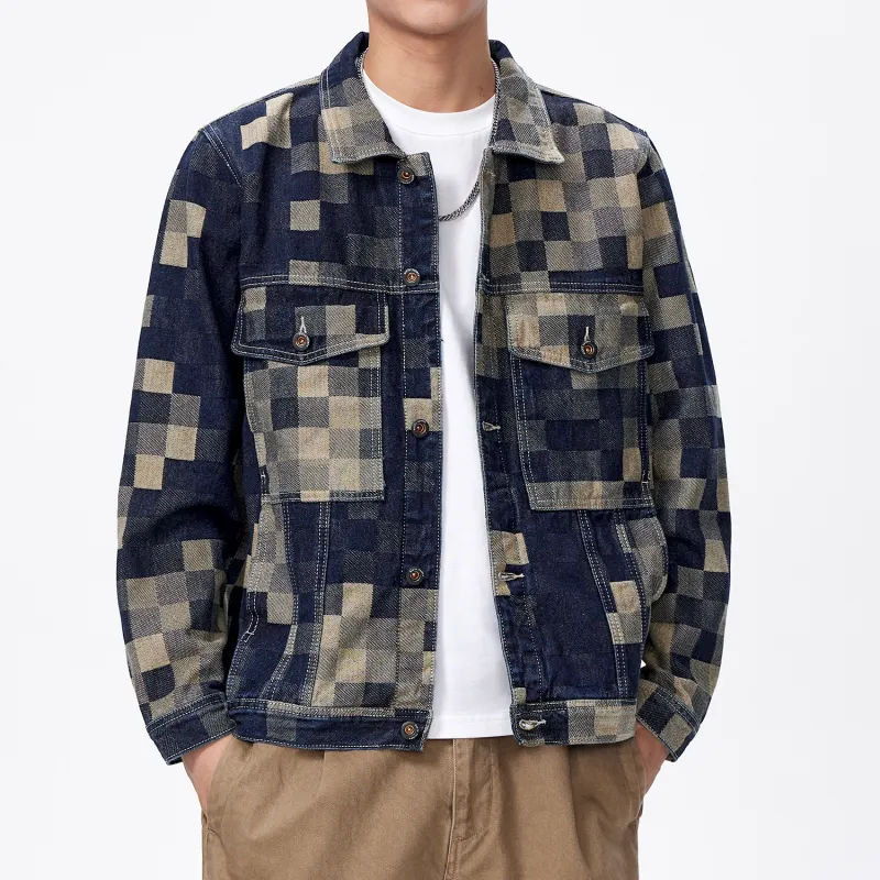 SANTASTIC Denim Jacket Men's Fashion Plaid Blue-7