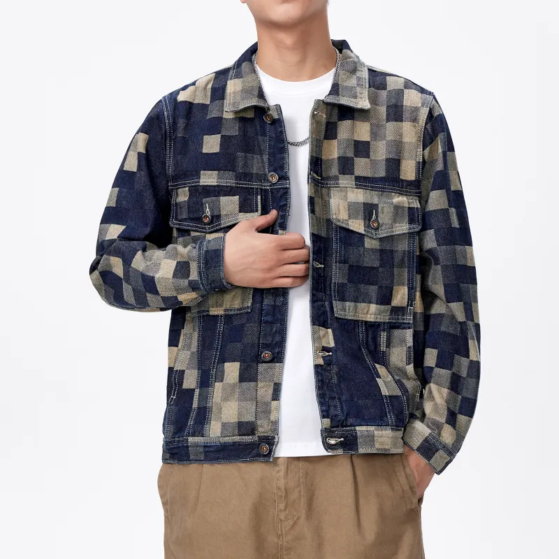 SANTASTIC Denim Jacket Men's Fashion Plaid Blue-2